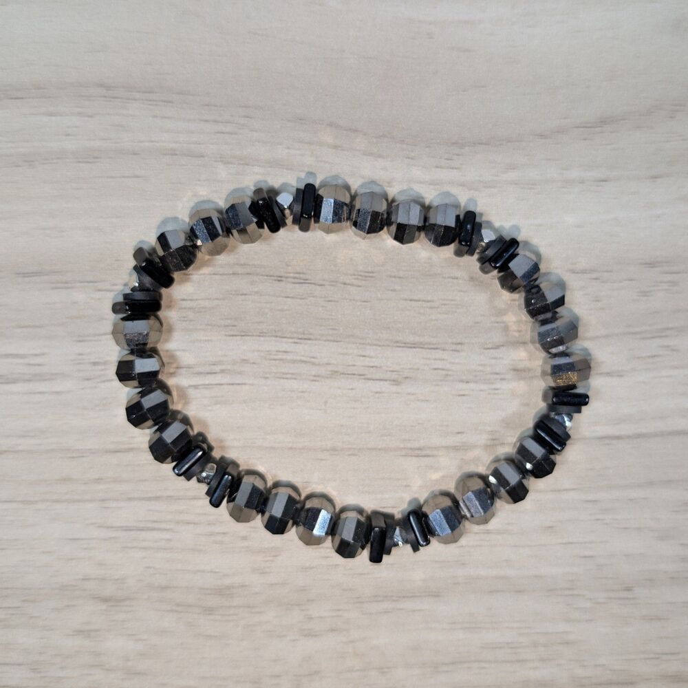 Gray Black Faceted Bead Bracelet Stretch Minimalist Stacking Jewelry